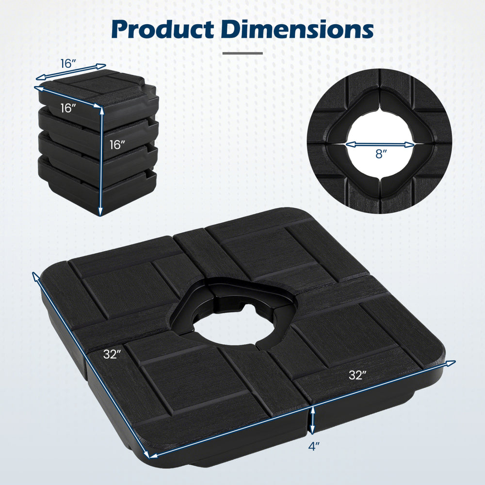 4-piece black patio umbrella base with dimensions, designed for stability and easy storage, fits 9-10 ft umbrellas.
