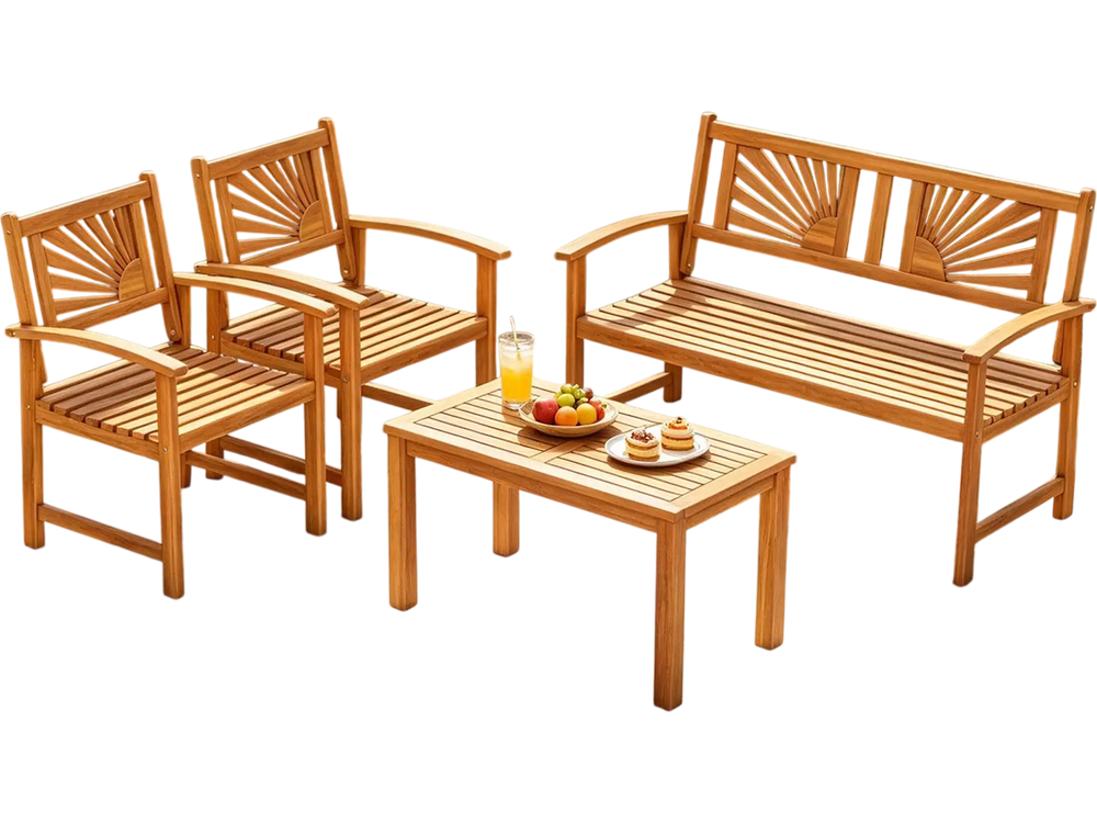 Acacia wood outdoor sofa chairs and loveseat with rectangle coffee table, perfect for patio and garden relaxation.