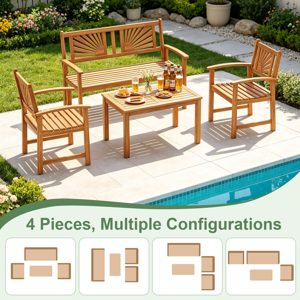 Outdoor acacia wood sofa set with lattice backrest and rectangle coffee table, perfect for patio or garden use.
