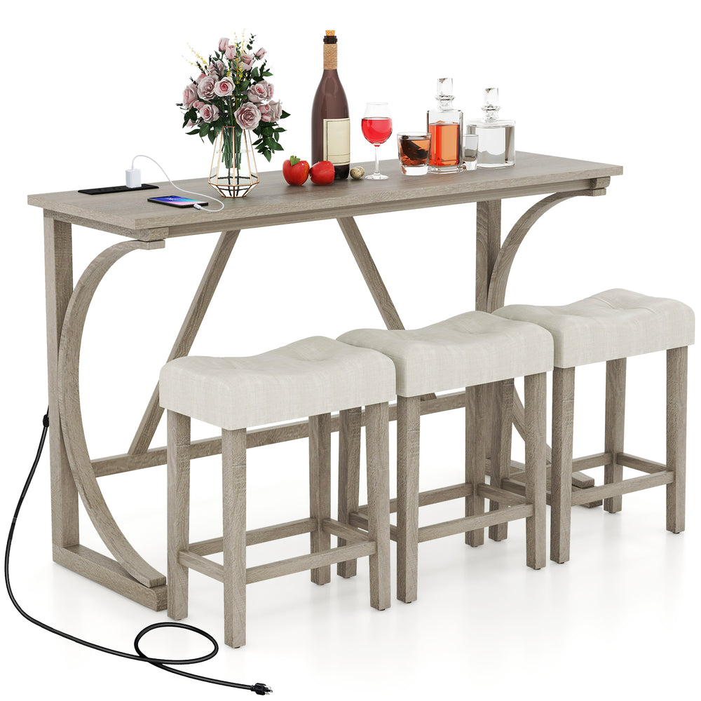 4-piece bar table set in grey and beige with upholstered saddle seat stools and built-in power outlet for convenience.