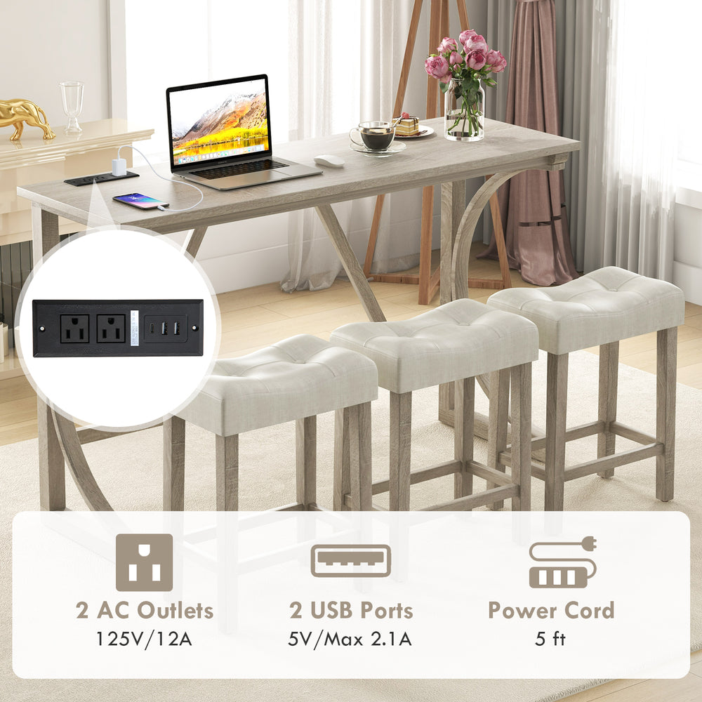 4-piece bar table set featuring a grey wood finish, upholstered saddle seat stools, and built-in power outlets for.