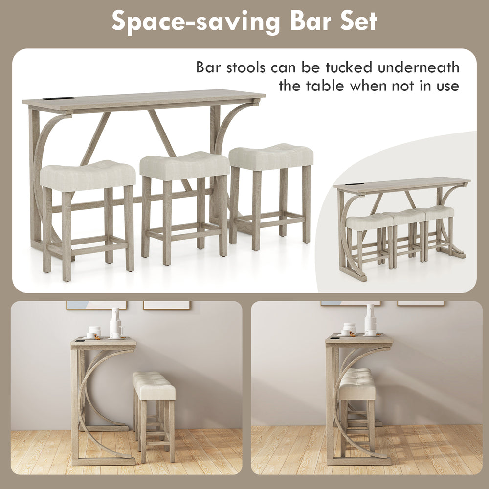 4-piece bar table set with upholstered saddle seat stools in grey and beige, featuring a built-in power outlet for.