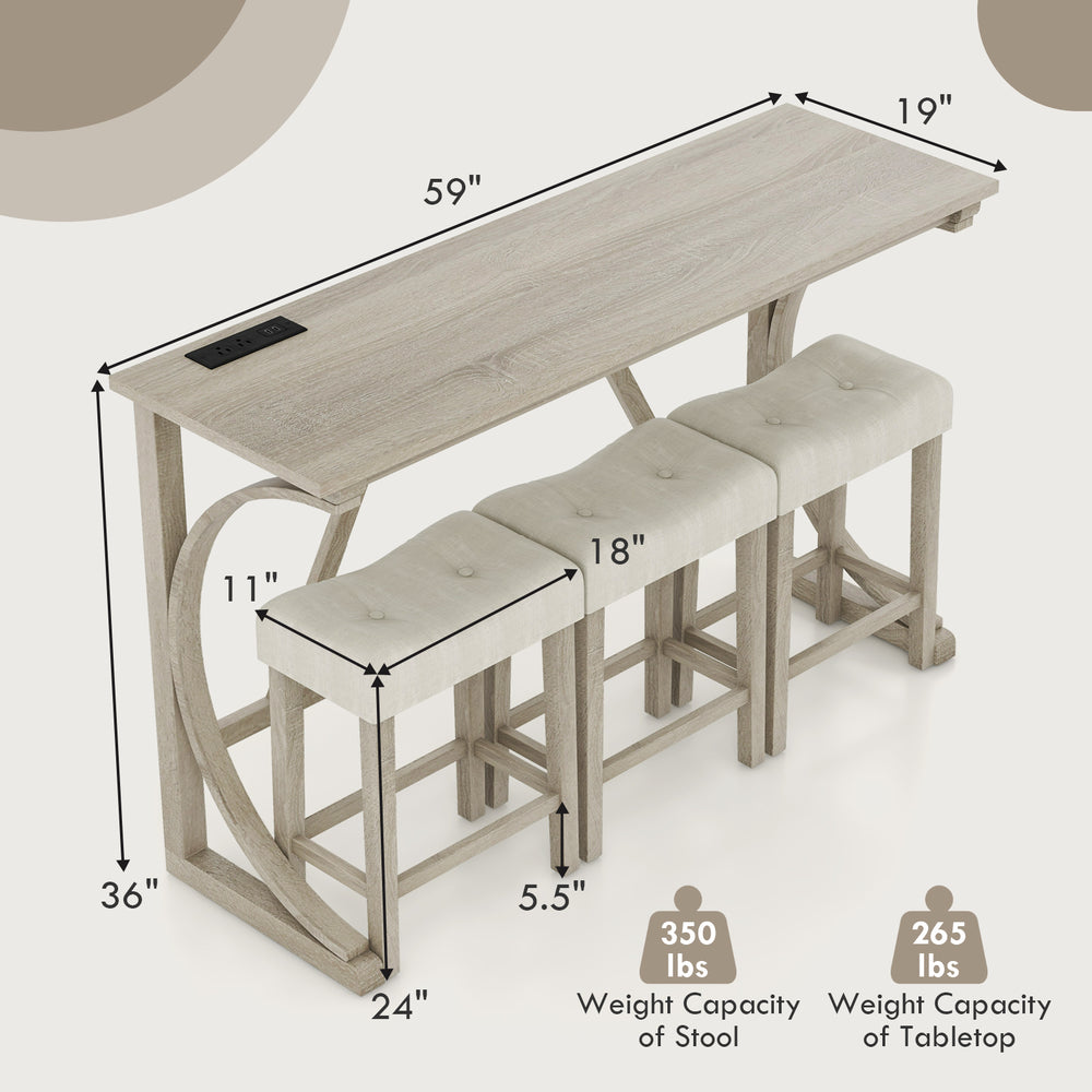 Bar table set with a solid wood frame and arched design, featuring three upholstered stools for relaxed seating.