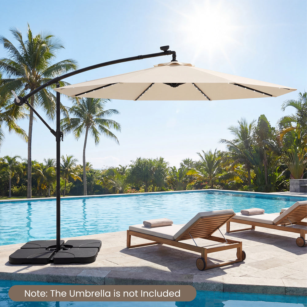 Heavy-duty black offset base with four solid plates for 9-10 ft umbrellas, ensuring stability and safety by the pool.