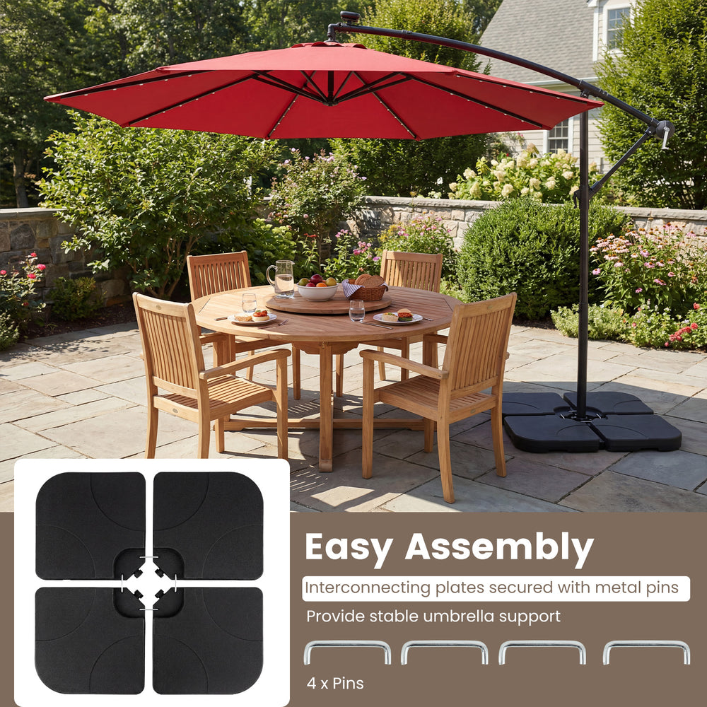 4-piece heavy-duty square umbrella base with interlocking plates and U-locking pins for stable support and easy.