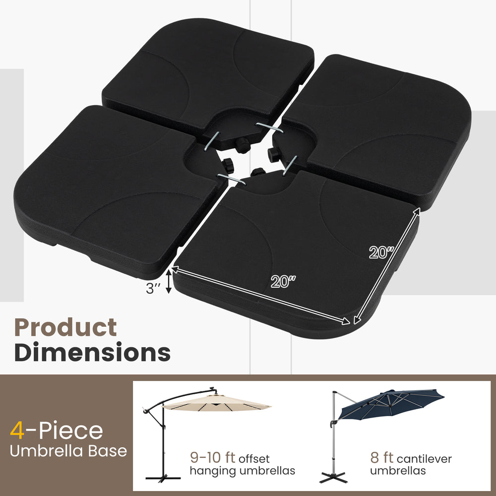 4-piece heavy-duty black umbrella base with U-locking pins, designed for 9-10 ft offset umbrellas, ensuring stability.