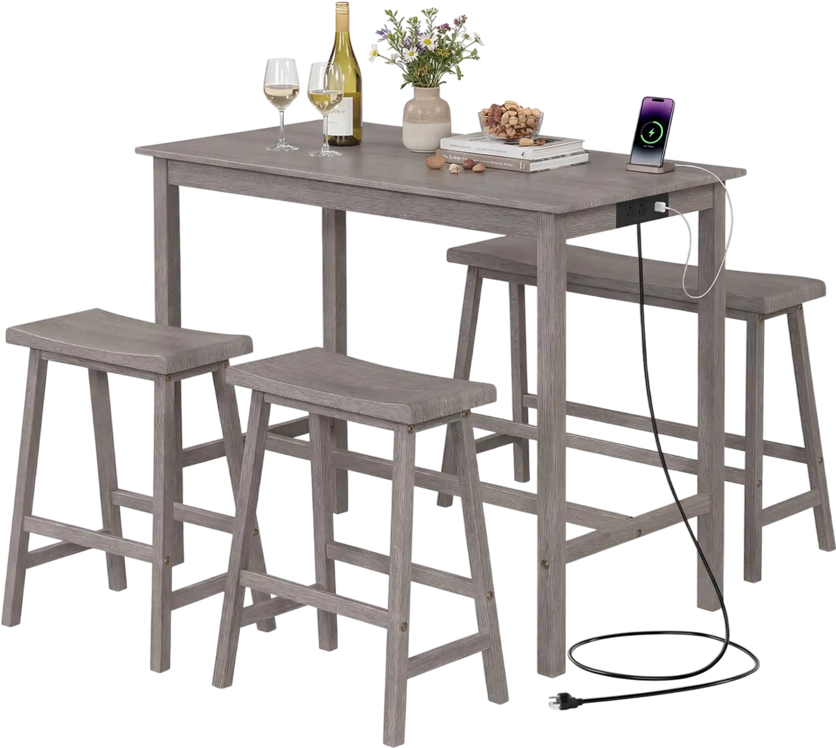 Costway 4-Piece Counter Height Dining Table Set w/ Power Outlet Solid Rubber Wood 62203507 New