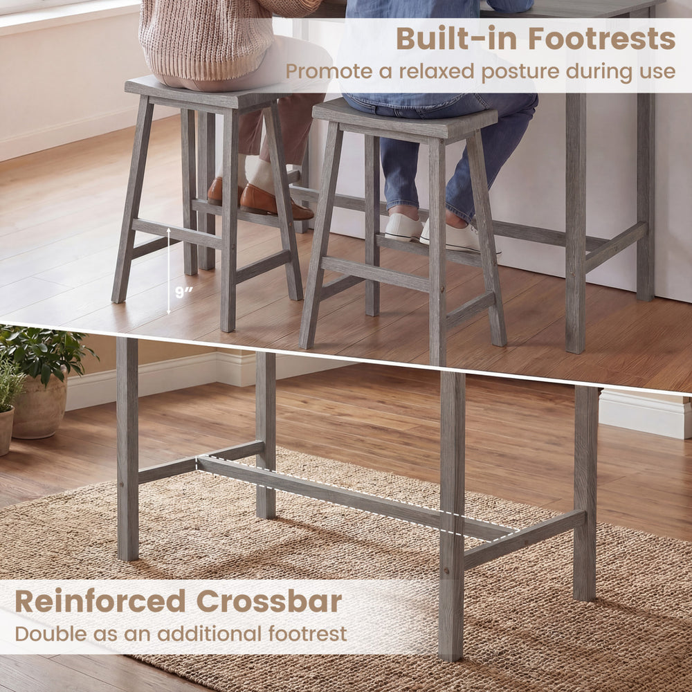 Counter height dining table set with gray solid rubber wood, featuring built-in footrests and reinforced crossbar for.