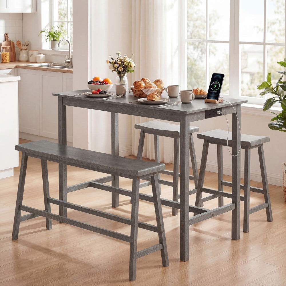4-Piece Counter Height Dining Table Set with Power Outlet Solid Rubber Wood Kitchen Table-Gray - Gallery View 1 of 11