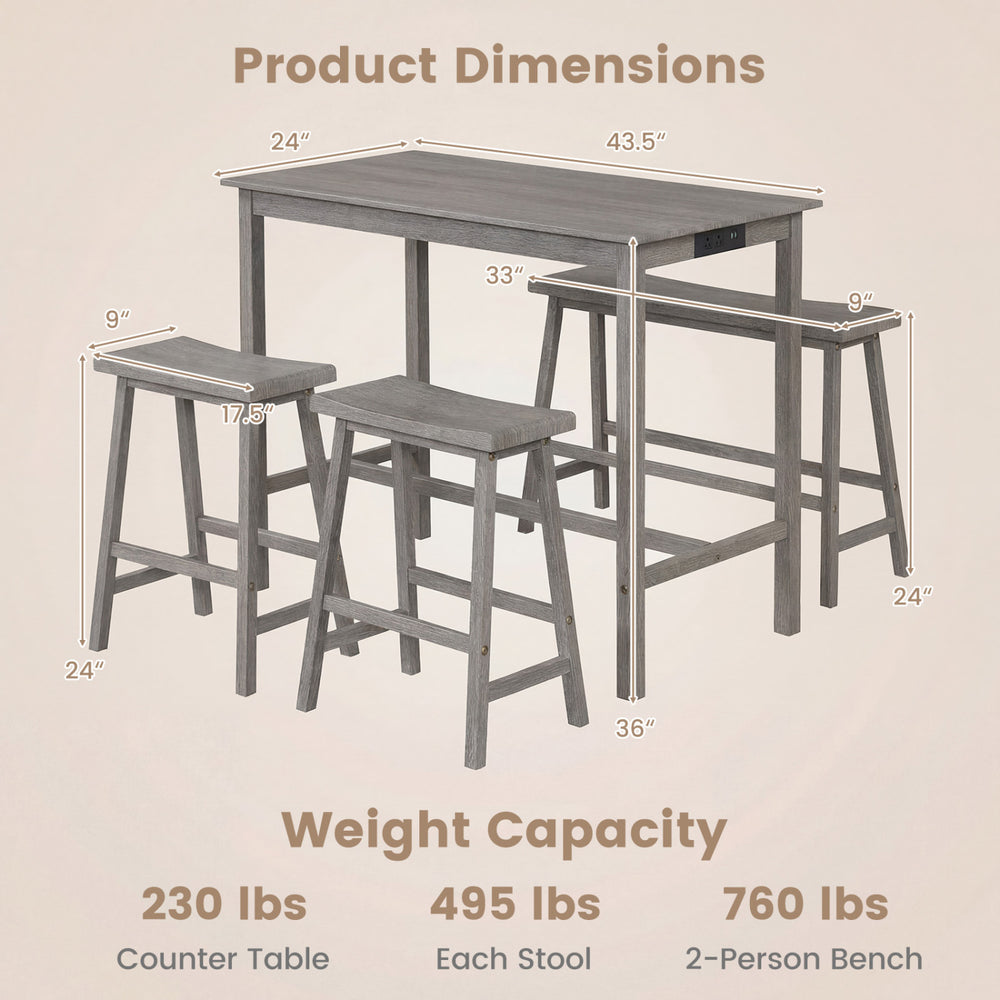 Counter height dining table set in gray with rubber wood, includes charging station and ergonomic stools for comfort.