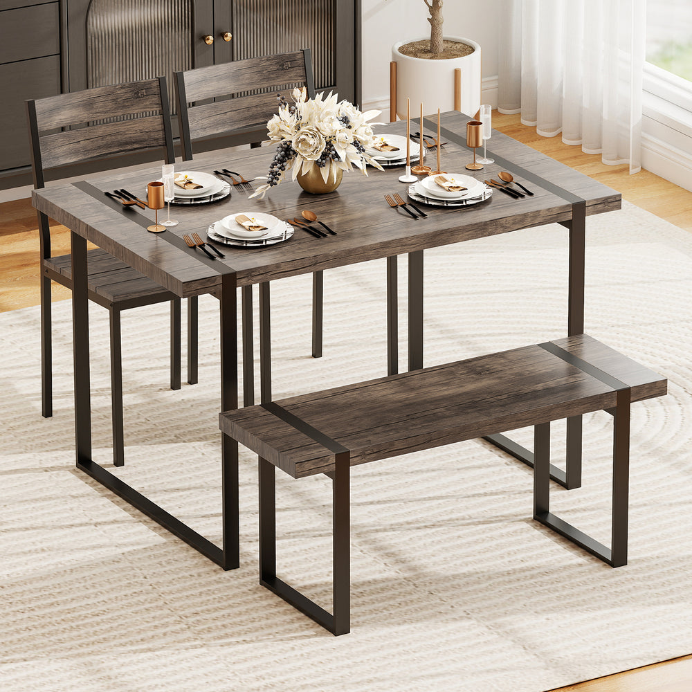 4-piece gray dining table set featuring a table, bench, and 2 chairs, perfect for small spaces and gatherings.