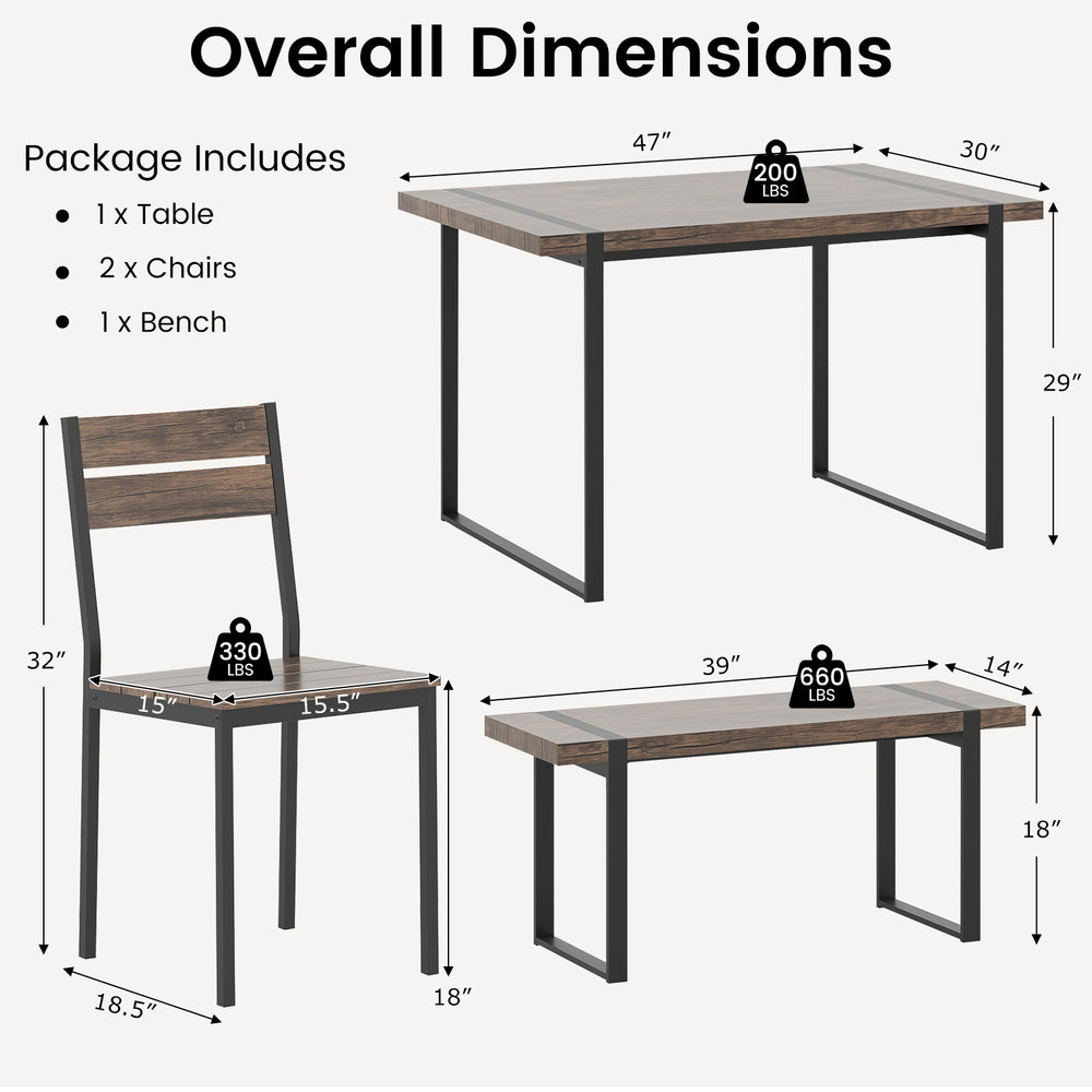 4-piece dining table set featuring a gray MDF tabletop, 2 chairs, and a bench, perfect for small spaces and gatherings.