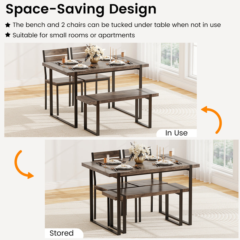 4-piece gray dining table set featuring a table, bench, and 2 chairs, perfect for small rooms and easy storage.