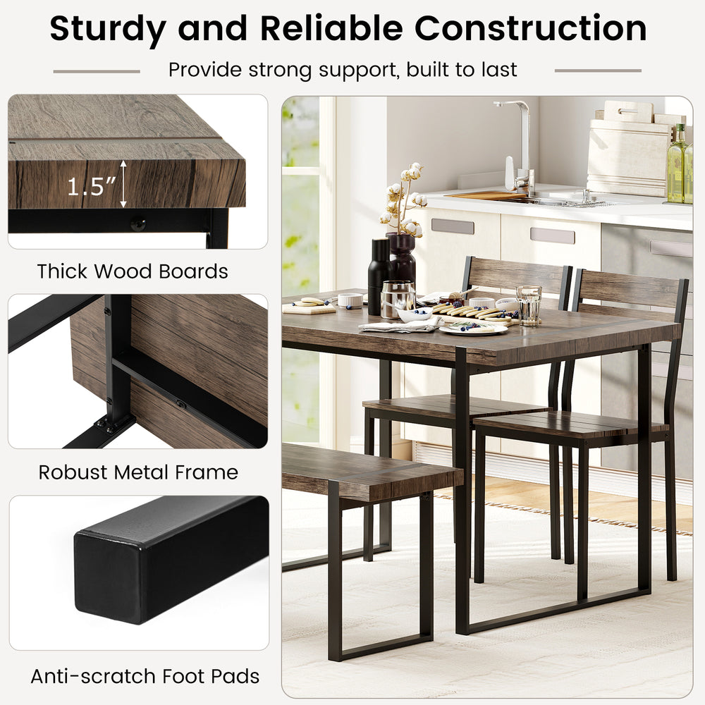 4-piece gray dining table set featuring a robust metal frame, thick wood boards, and anti-scratch foot pads for.