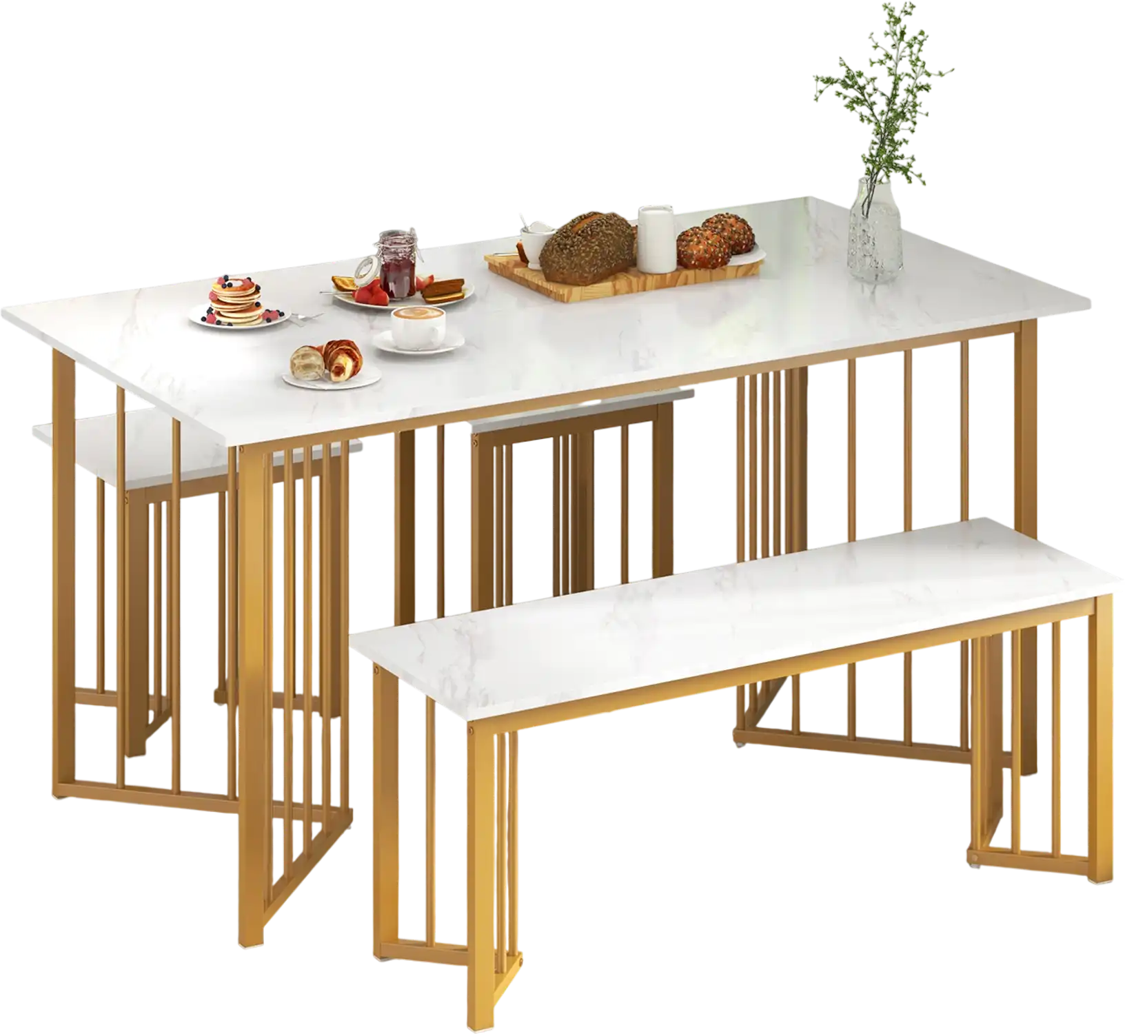 Costway 4 Piece Dining Table Set Bench 2 Stools White 87936514 New