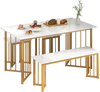 Dining table set with faux marble top, gold metal legs, includes bench and 2 stools for stylish dining space.