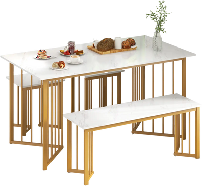 Costway 4 Piece Dining Table Set Bench 2 Stools White 87936514 New