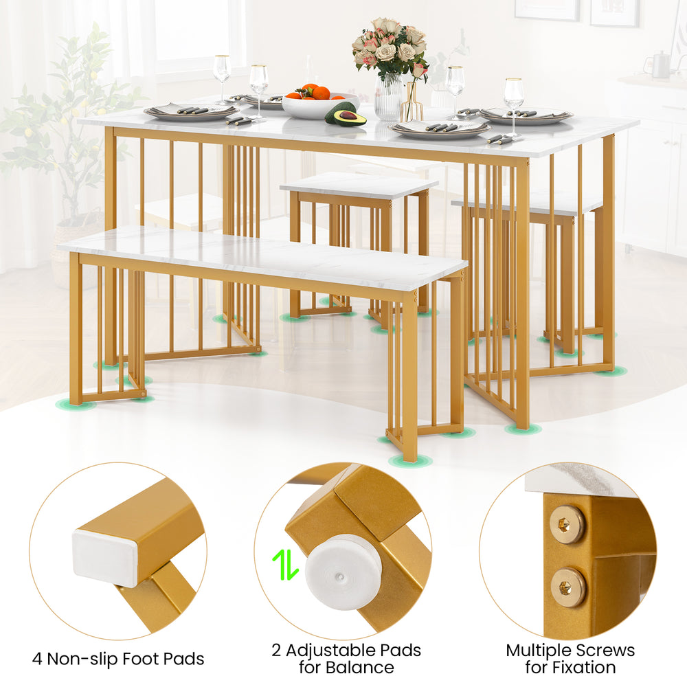 4-piece dining table set with faux marble top, golden legs, and adjustable pads for balance, perfect for stylish dining.