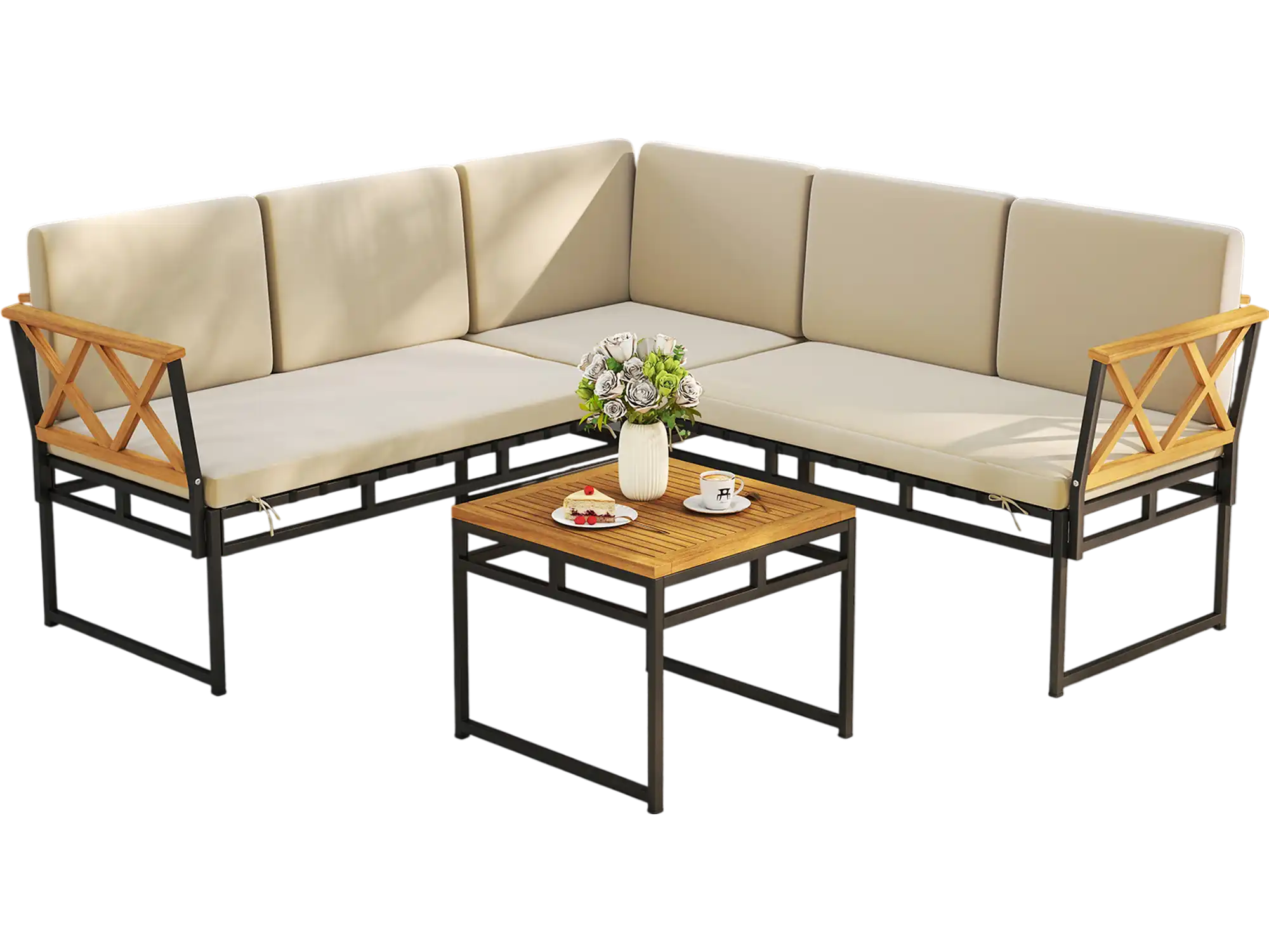 Costway 4-Piece Patio L-Shaped Sofa Set with Cushions & Side Table Brown 371286495 New