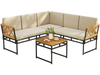 Side view of the L-shaped patio sofa set featuring beige cushions and acacia wood armrests, ideal for porch or poolside.