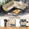L-shaped patio sofa set with beige cushions, acacia wood armrests, and side table, perfect for outdoor relaxation.