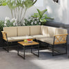 L-shaped patio sofa set with beige cushions and acacia wood armrests, perfect for backyard or poolside relaxation.