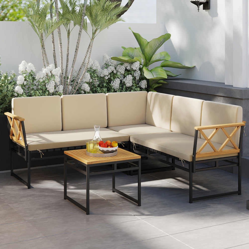 L-shaped patio sofa set with beige cushions and acacia wood armrests, perfect for backyard or poolside relaxation.