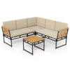 L-shaped patio sofa set with beige cushions, acacia wood armrests, and side table, perfect for backyard relaxation.