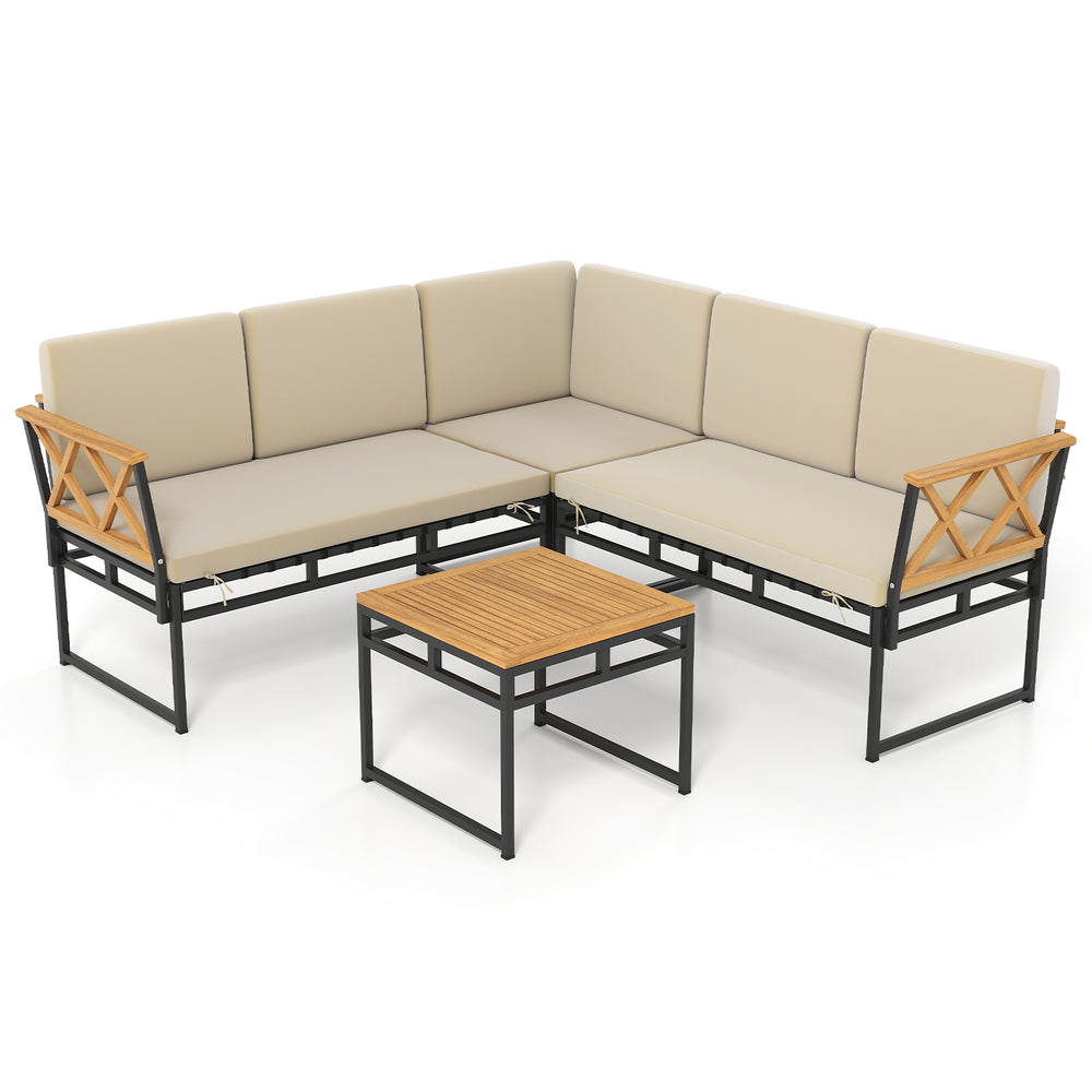 L-shaped patio sofa set with beige cushions, acacia wood armrests, and side table, perfect for backyard relaxation.