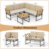 L-shaped patio sofa set dimensions with cushions and side table, featuring acacia wood armrests and sturdy metal frame.