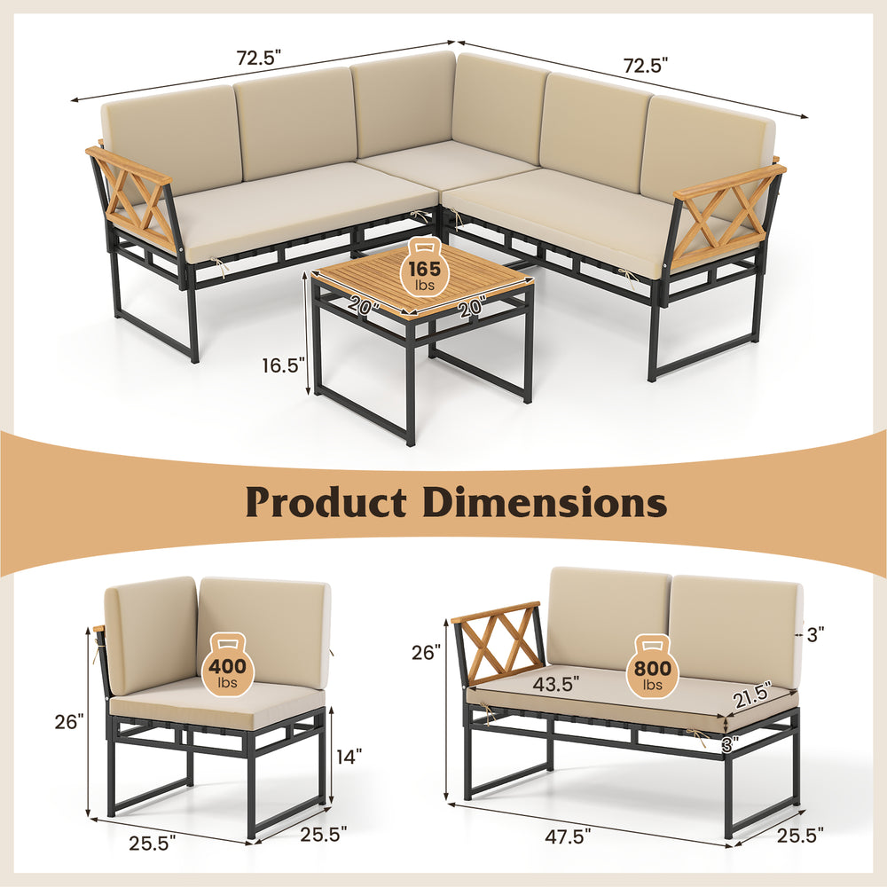 L-shaped patio sofa set dimensions with cushions and side table, featuring acacia wood armrests and sturdy metal frame.