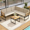 Top view of the L-shaped patio sofa set with beige cushions, featuring a sturdy metal frame and elegant acacia wood.