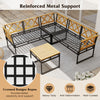 L-shaped patio sofa set with brown cushions, sturdy metal frame, and acacia wood armrests for backyard relaxation.