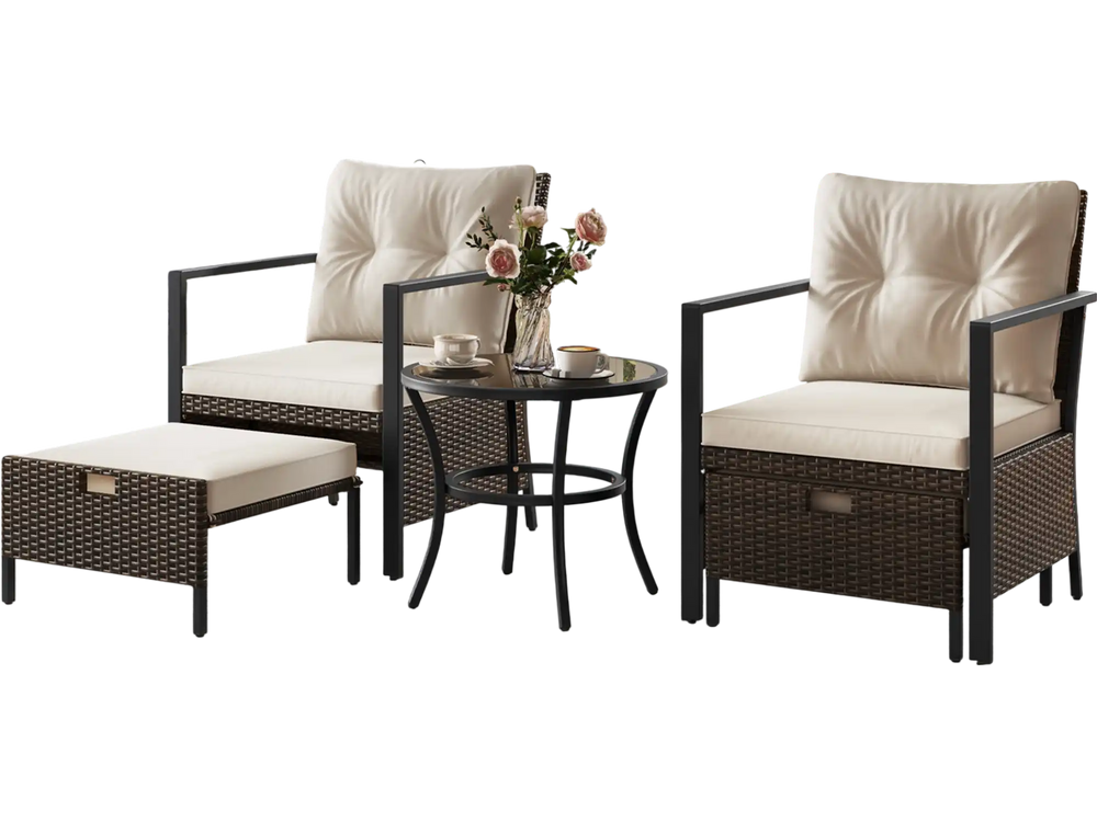 4-piece outdoor furniture set featuring white cushioned chairs, a glass-topped coffee table, and versatile ottomans for.