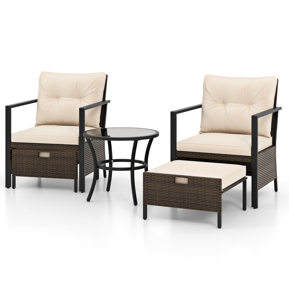 Two cushioned chairs and an ottoman with a glass-topped coffee table, made of durable PE rattan for outdoor use.