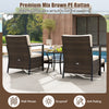 Two comfortable chairs with soft cushions and a glass-topped coffee table, perfect for outdoor patio relaxation.