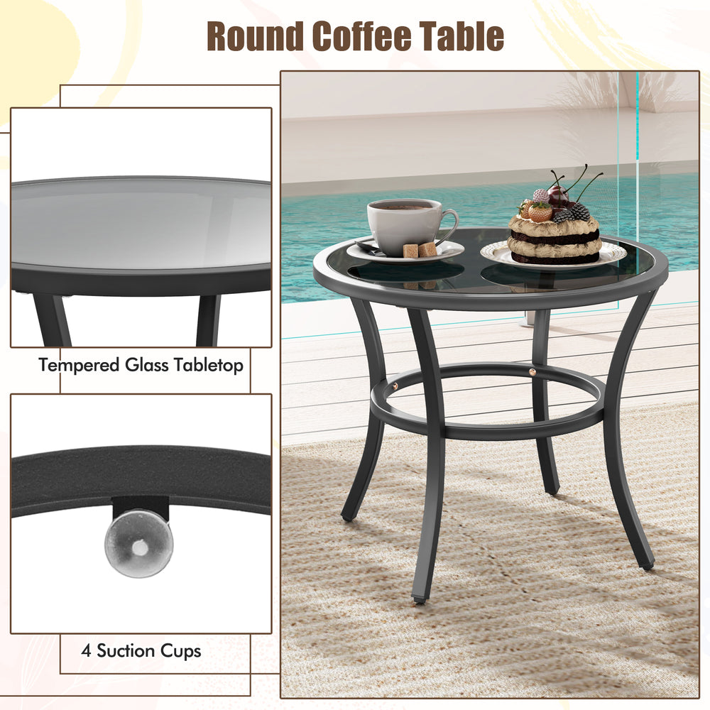 Round coffee table with tempered glass tabletop and sturdy metal frame, perfect for outdoor patio use.