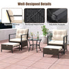 4-piece outdoor furniture set featuring white cushioned chairs, a glass-topped coffee table, and multifunctional.