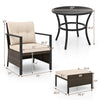 4-piece outdoor furniture set featuring a glass-topped coffee table, cushioned chair, and ottoman for backyard.