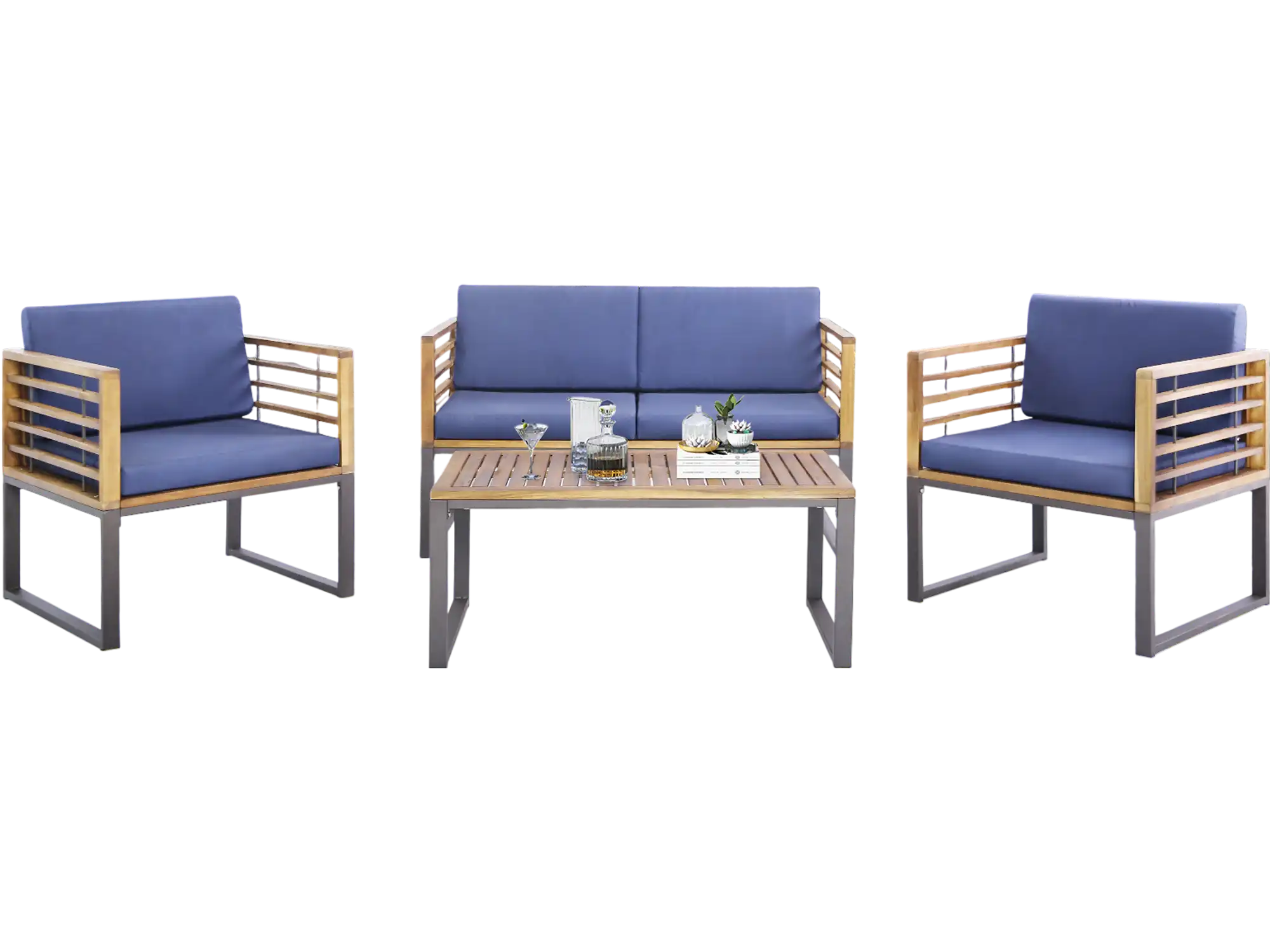 Costway 4-Piece Patio Acacia Wood Conversation Set Navy 84516792 New