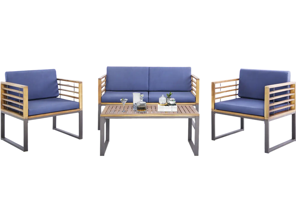 4-piece patio conversation set featuring navy soft cushions and acacia wood frame, ideal for poolside relaxation.