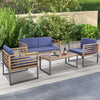 4-piece patio conversation set featuring acacia wood and navy cushions, perfect for backyard relaxation.