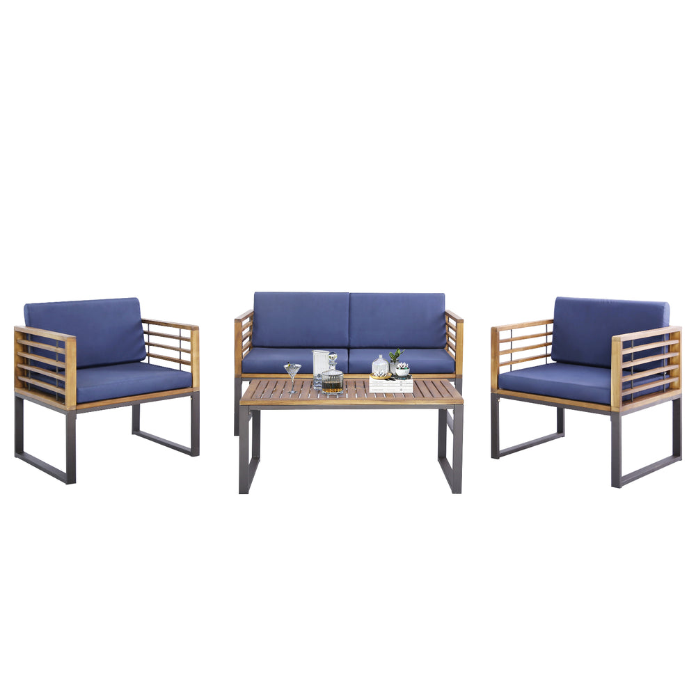 4-piece patio conversation set featuring acacia wood frame and navy soft cushions, perfect for backyard relaxation.