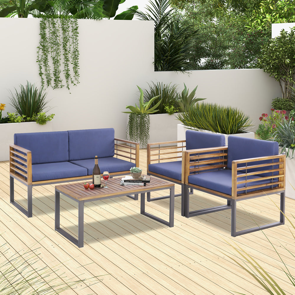 Side view of the 4-piece patio acacia wood conversation set showcasing navy cushions, ideal for garden or poolside.