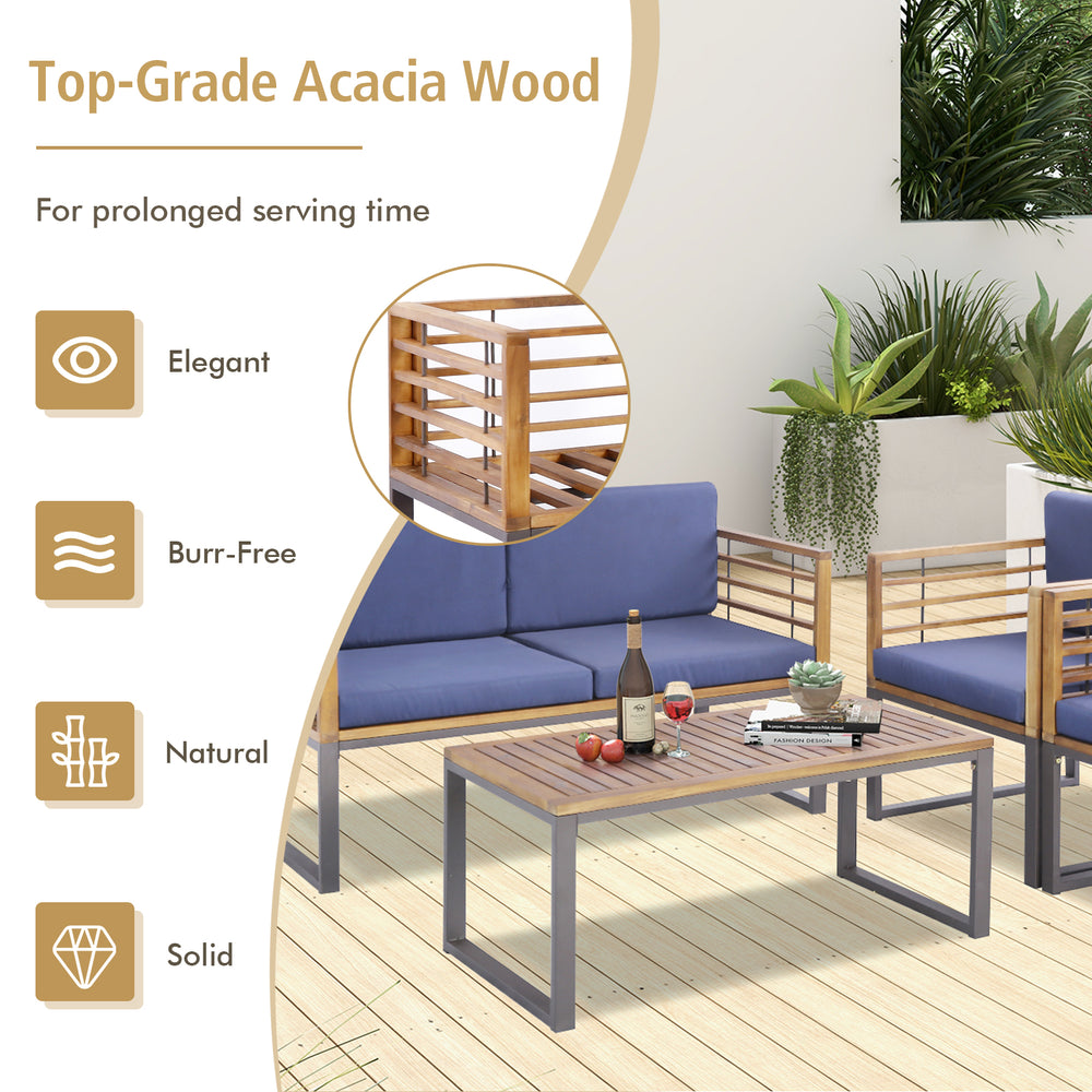 Close-up of the acacia wood tabletop of the 4-piece patio set, highlighting its elegant finish and solid construction.