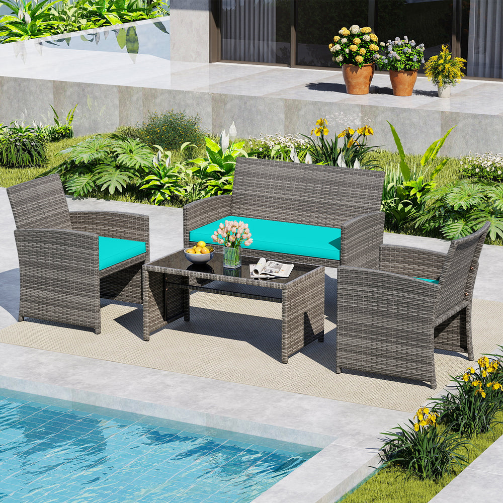 4 Piece Patio Conversation Set Rattan Chair Loveseat and Table Set-Turquoise - Gallery View 1 of 10