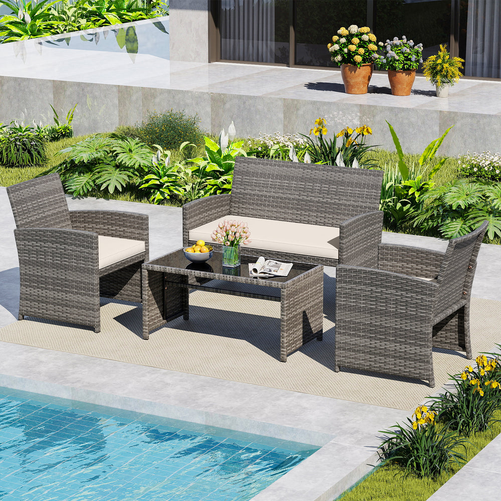 4 Piece Patio Conversation Set Rattan Chair Loveseat and Table Set-Off White - Gallery View 1 of 10