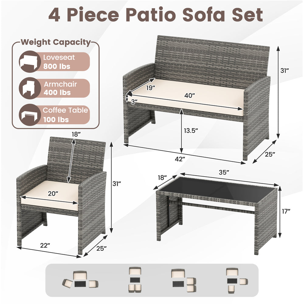 4-piece patio sofa set featuring handwoven gray PE rattan, soft cushions, and a tempered glass tabletop for outdoor.
