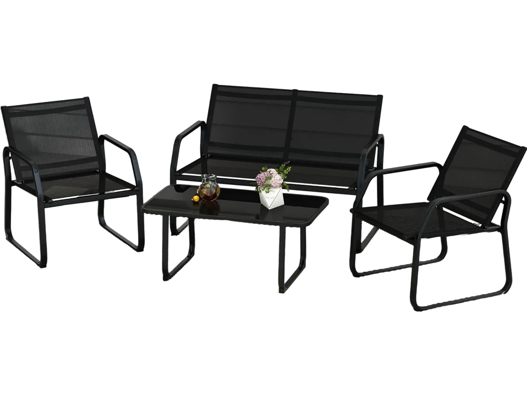 Costway 4-Piece Patio Conversation Set Breathable Fabric Tempered Glass Table Black 315789642 New