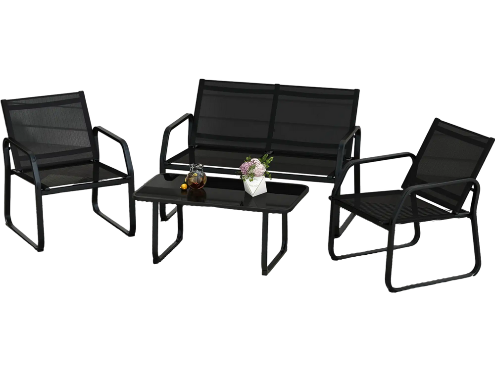 4-piece patio conversation set featuring black breathable fabric seats and a tempered glass tabletop for outdoor.